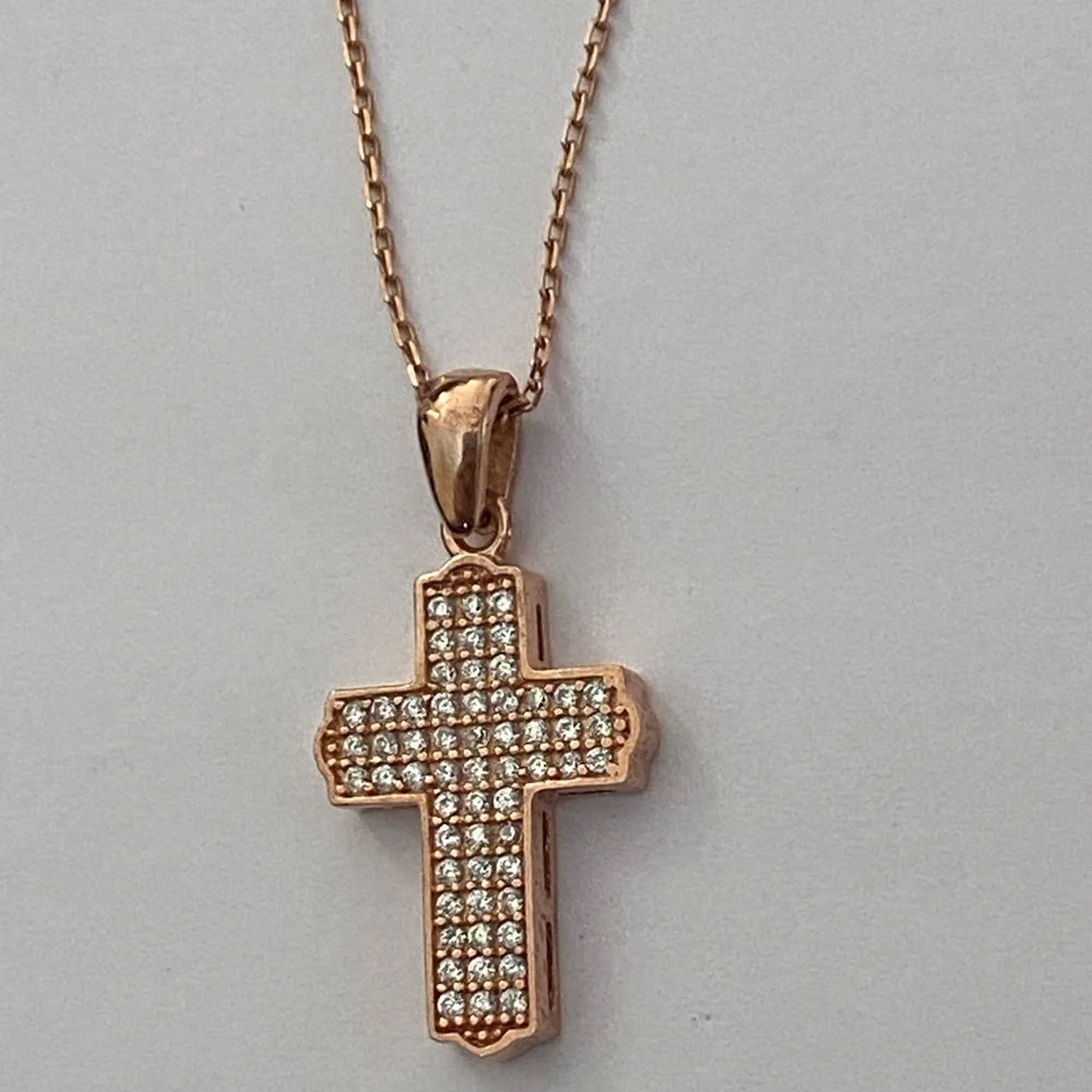 925 Silver cross necklace cz stones 14K rose gold plated